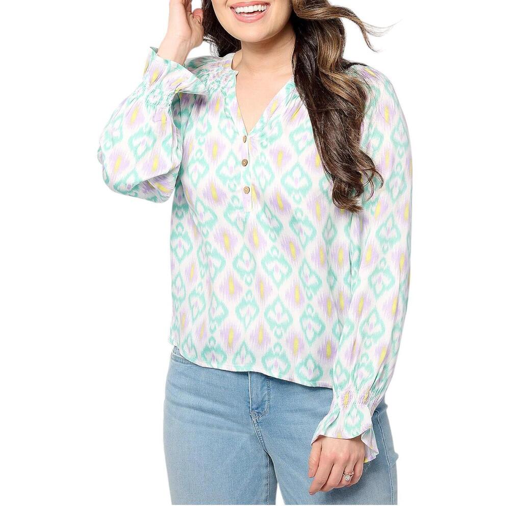 Destination 365 Women's Printed Blouse SplitNeck w Shirring Teal - Regular